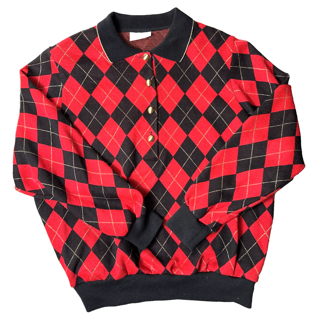 Women’s Vintage Plaid Argyle Sweater Red Black Size M Made in USA Christmas EUC - Picture 1 of 10